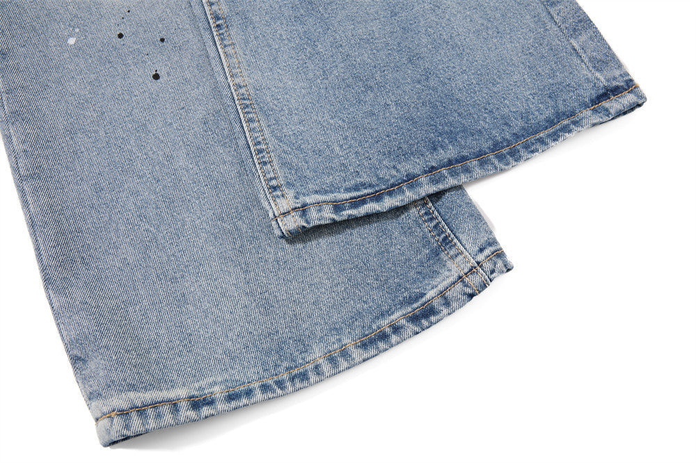 Faded Light Blue Paint-Splatter Wide-Leg Jeans