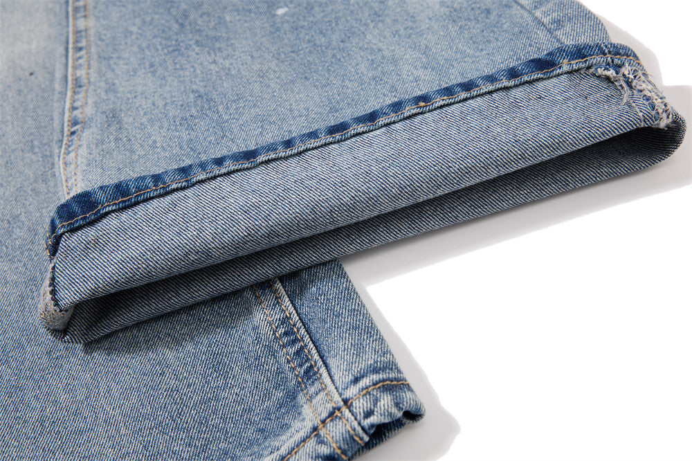 Faded Light Blue Paint-Splatter Wide-Leg Jeans