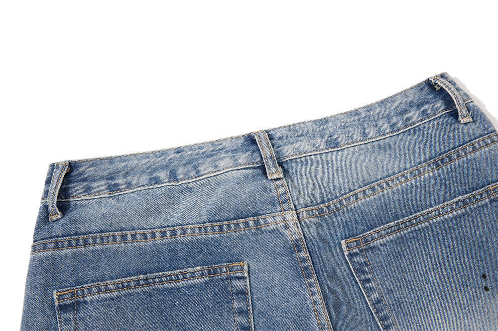Faded Light Blue Paint-Splatter Wide-Leg Jeans
