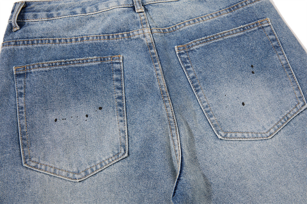 Faded Light Blue Paint-Splatter Wide-Leg Jeans