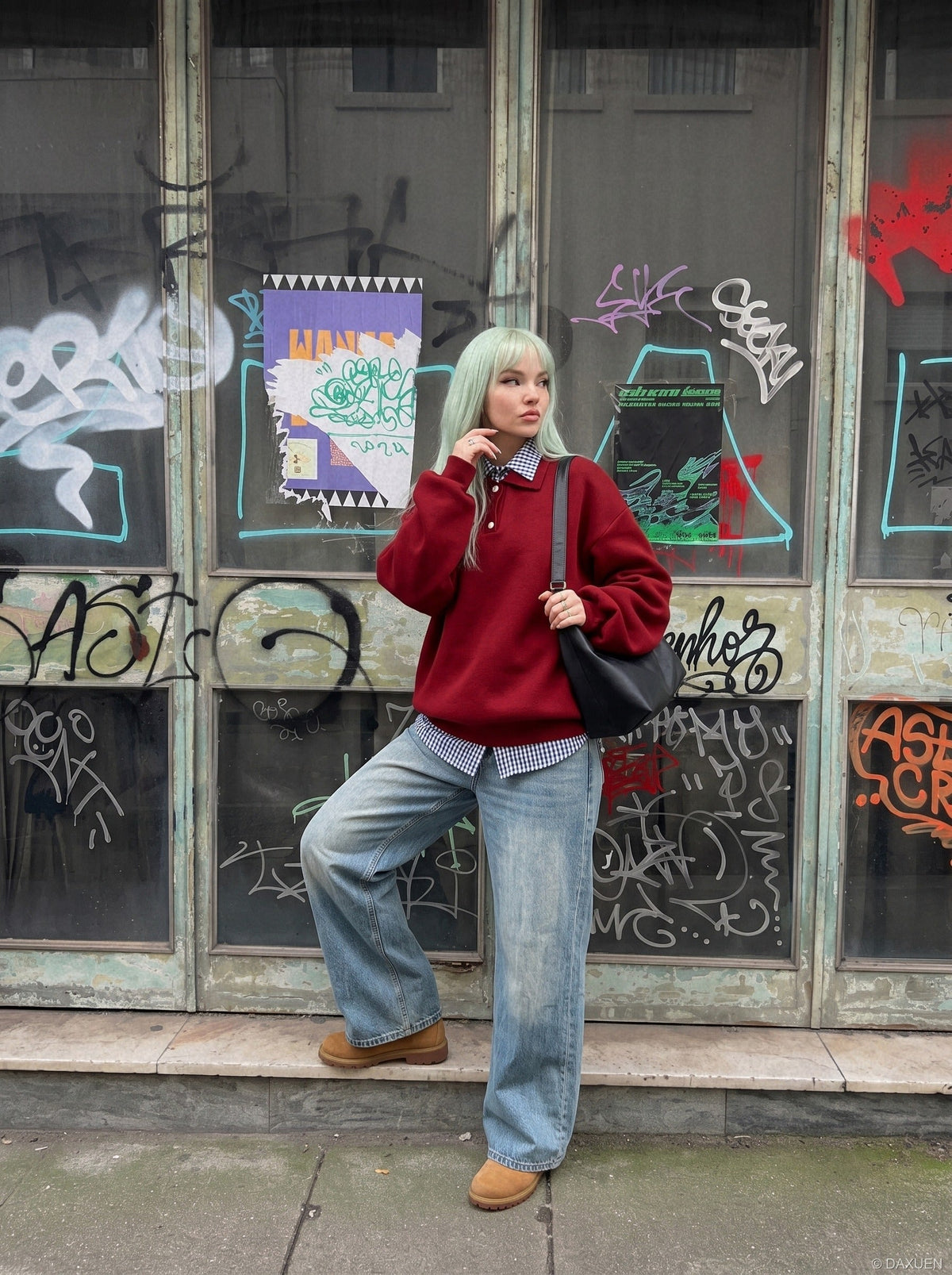 DAXUEN light blue faded wide-leg baggy jeans — model photo