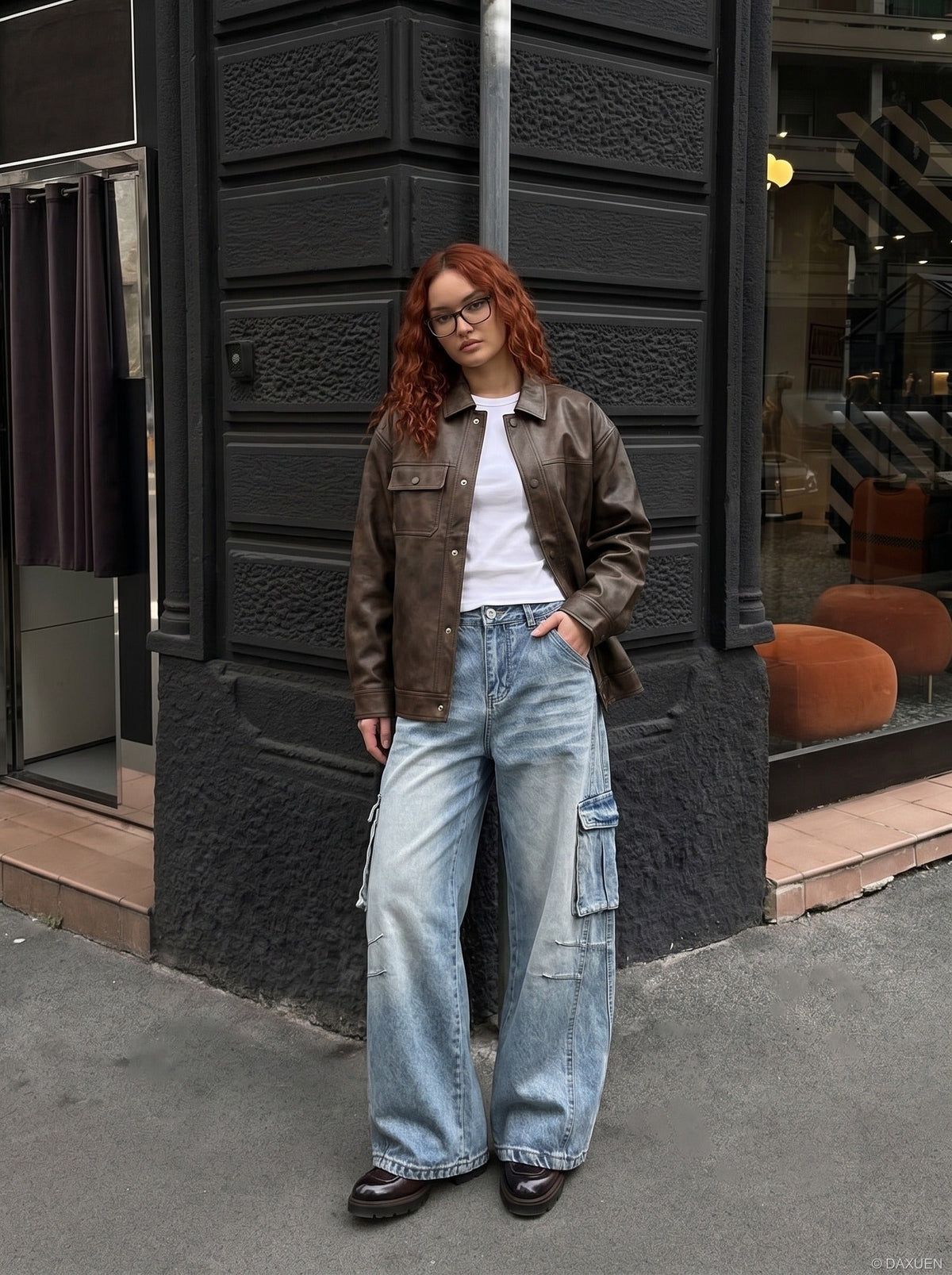 Jean cargo large bleu clair délavé