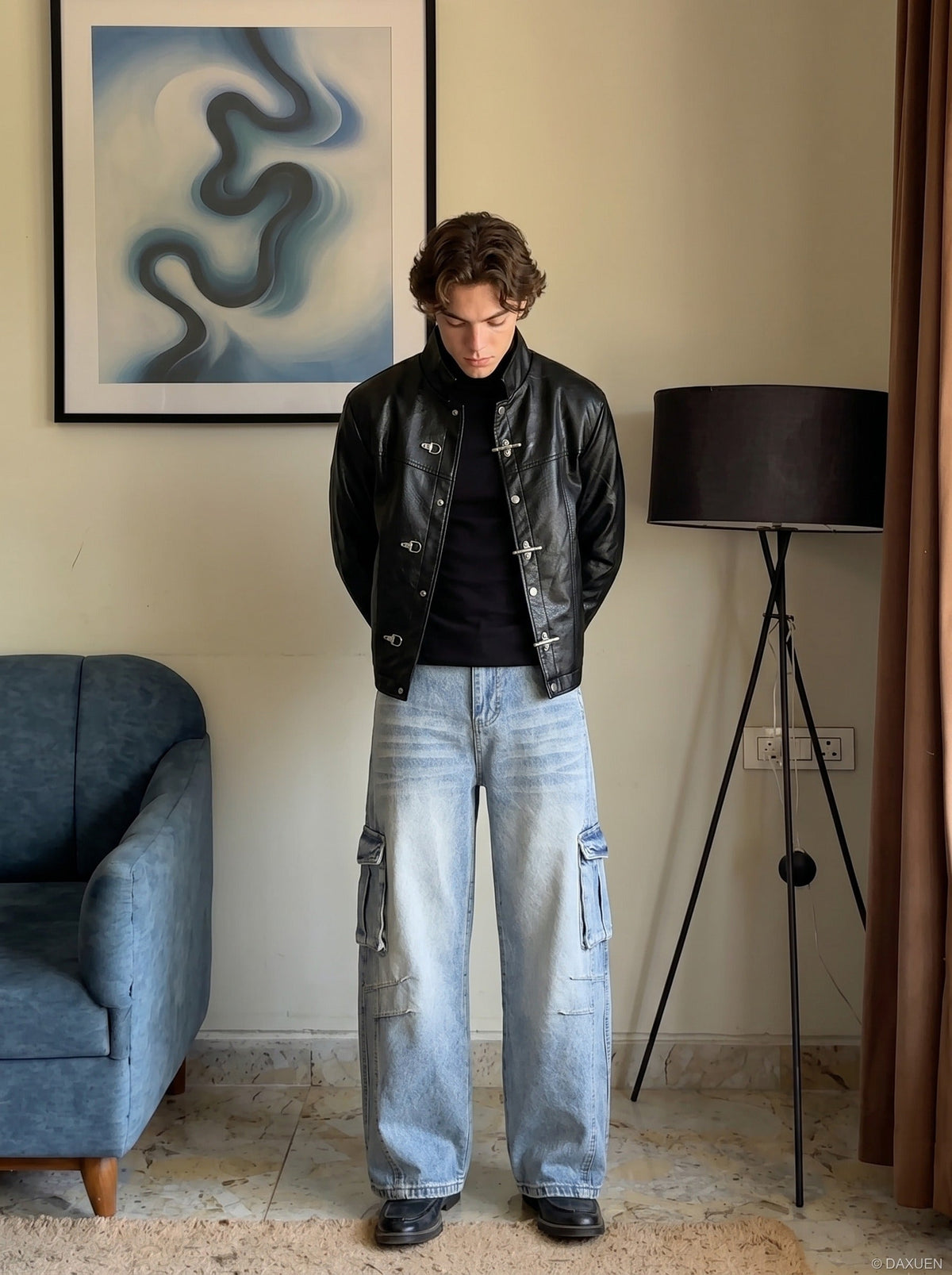 Jean cargo large bleu clair délavé