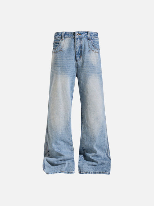 Jeans de perna larga azul claro desbotado com bordado - Azul / S