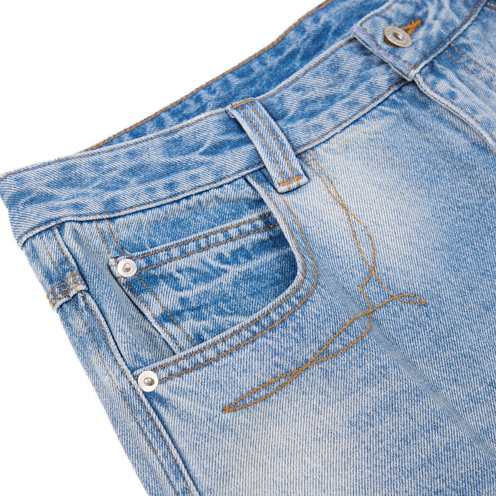 Faded Light Blue Wide-Leg Jeans with Embroidery