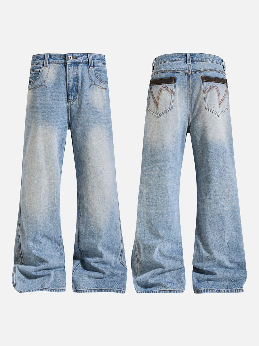 Faded Light Blue Wide-Leg Jeans with Embroidery