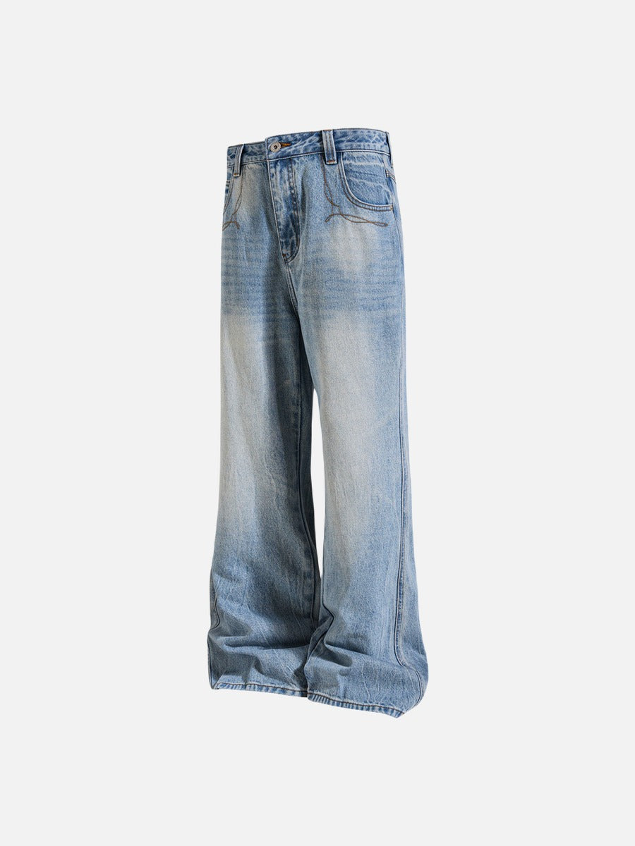 Faded Light Blue Wide-Leg Jeans with Embroidery