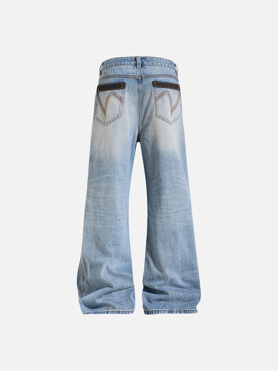 Faded Light Blue Wide-Leg Jeans with Embroidery
