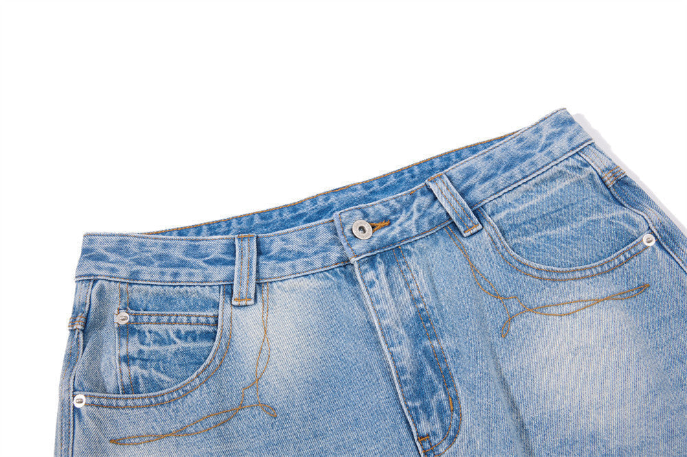 Faded Light Blue Wide-Leg Jeans with Embroidery
