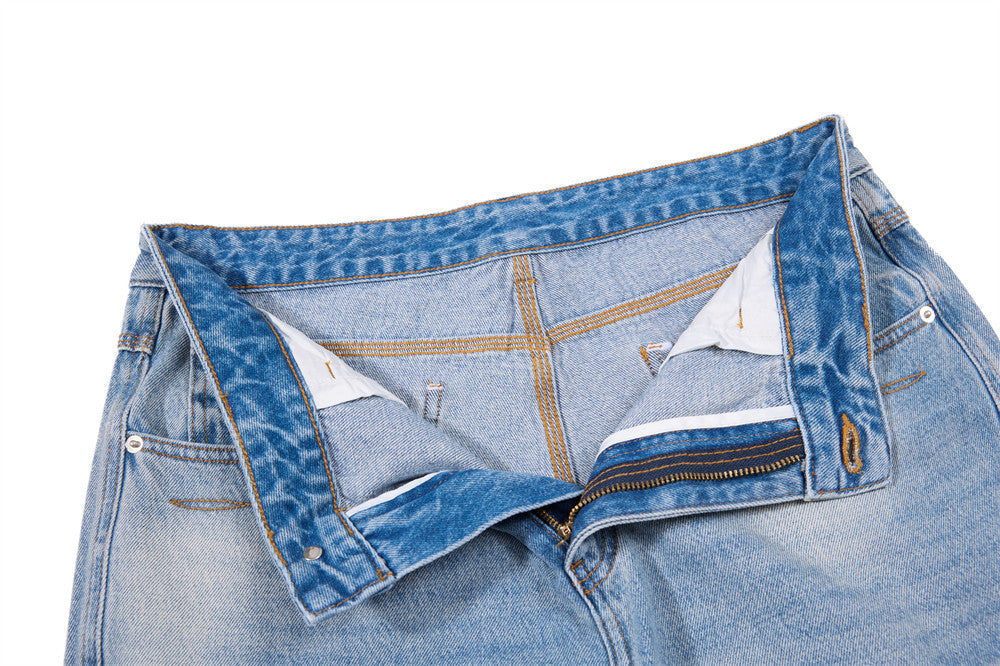 Faded Light Blue Wide-Leg Jeans with Embroidery