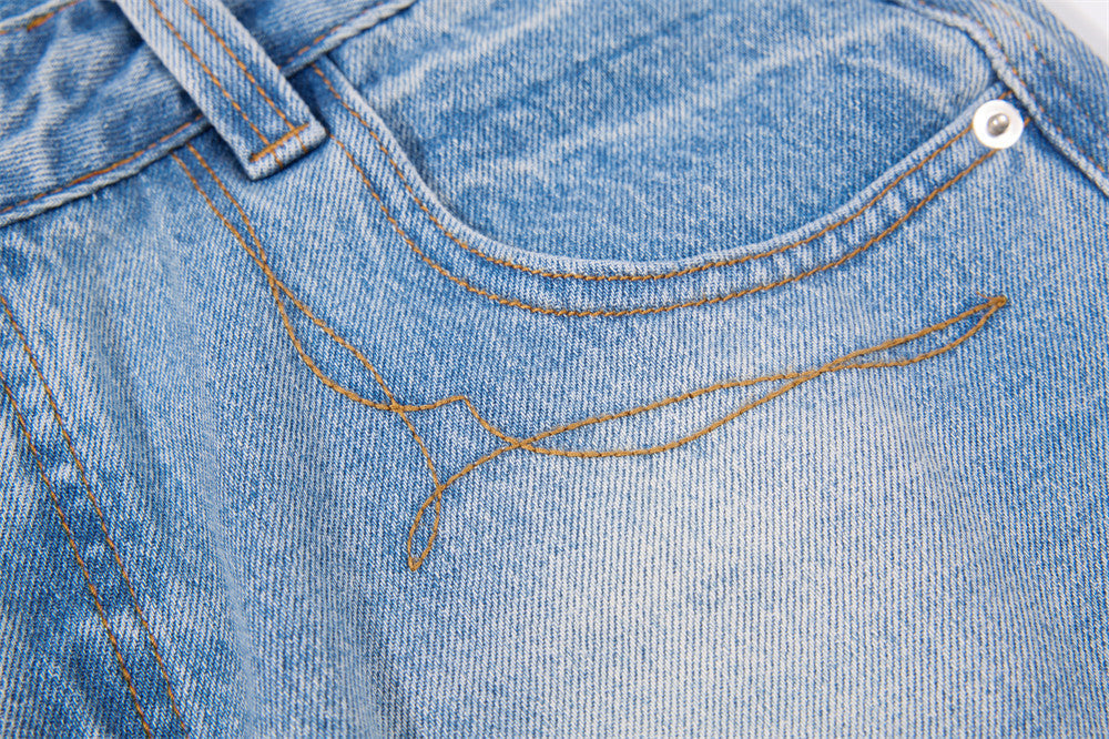 Faded Light Blue Wide-Leg Jeans with Embroidery