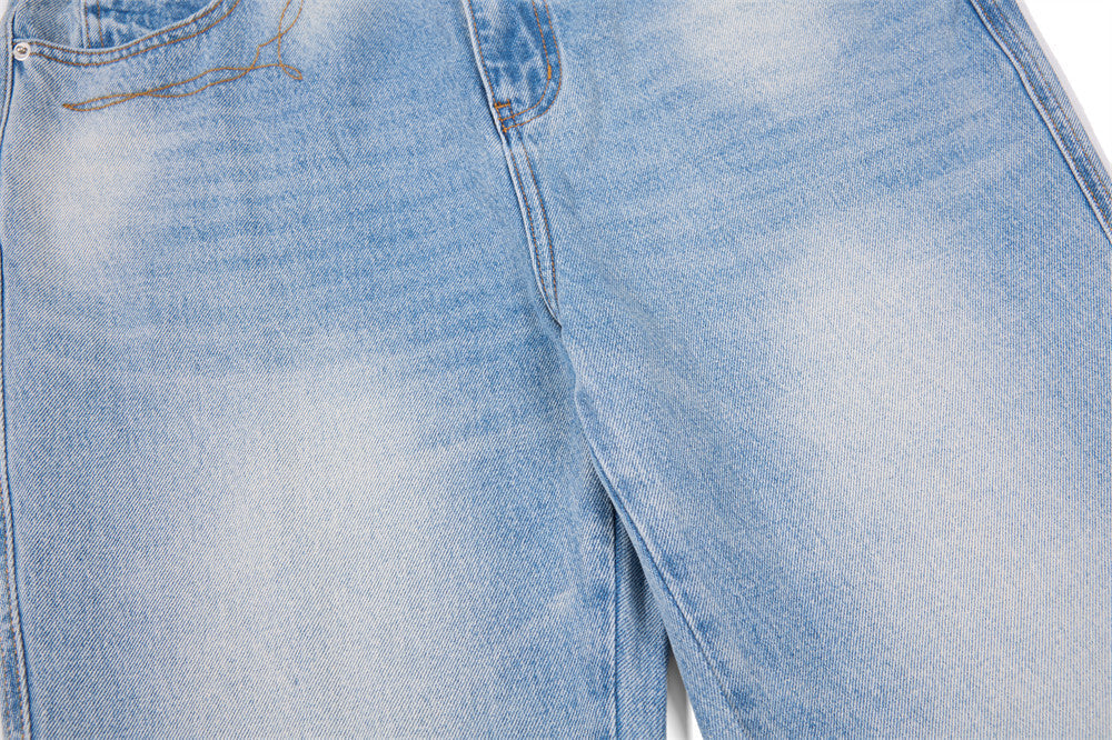 Faded Light Blue Wide-Leg Jeans with Embroidery