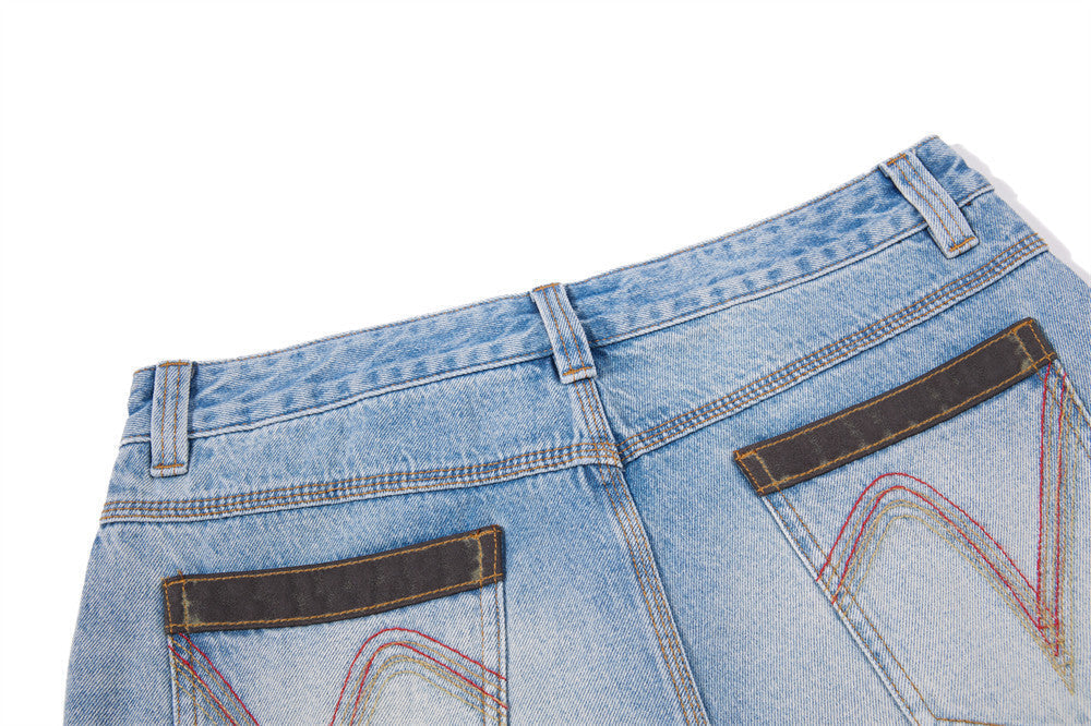 Faded Light Blue Wide-Leg Jeans with Embroidery