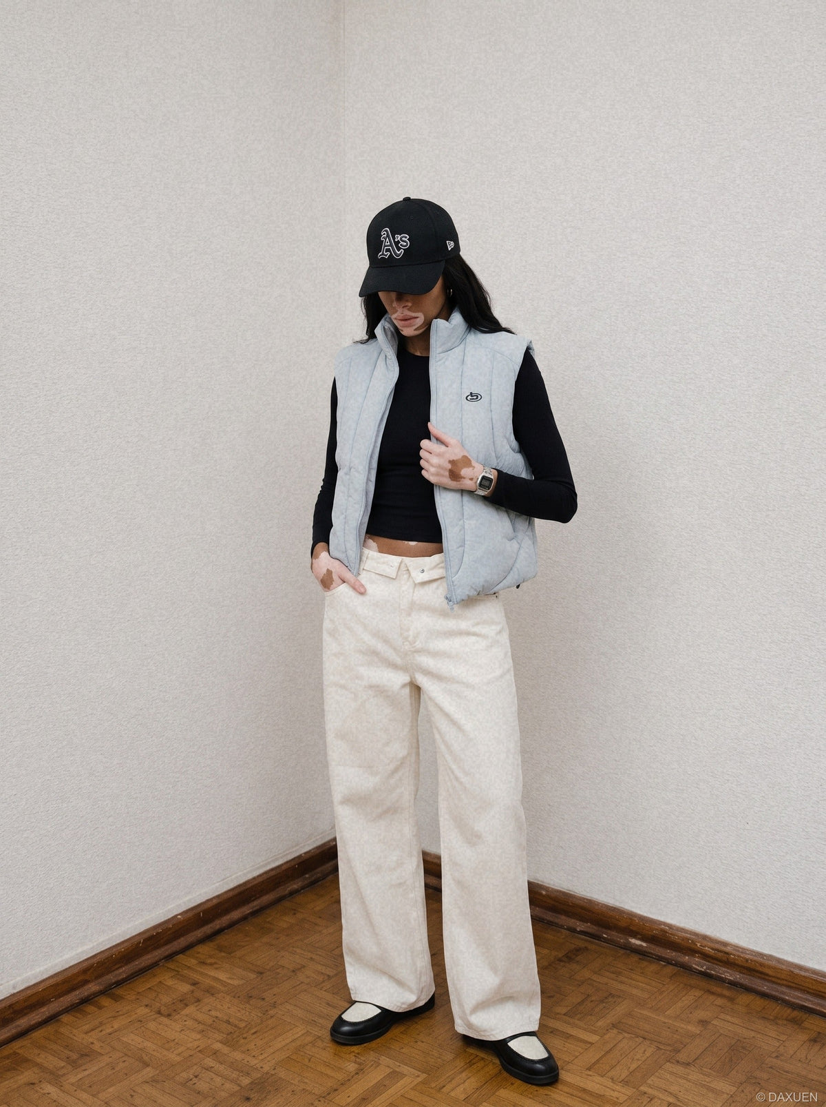 DAXUEN faded medium blue distressed wide-leg jeans — model photo