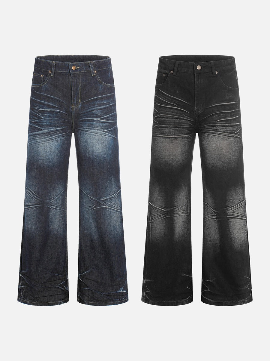 Faded Wide-Leg Jeans - Distressed Denim