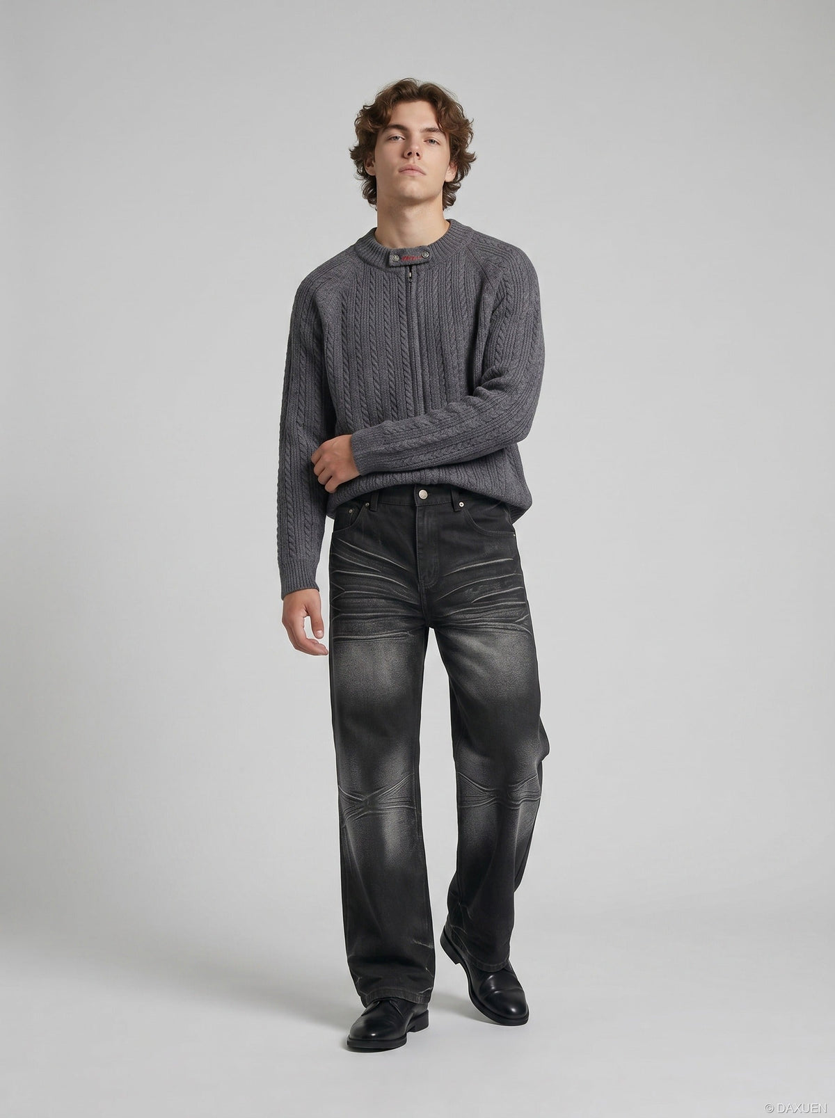 Faded Wide-Leg Jeans - Distressed Denim