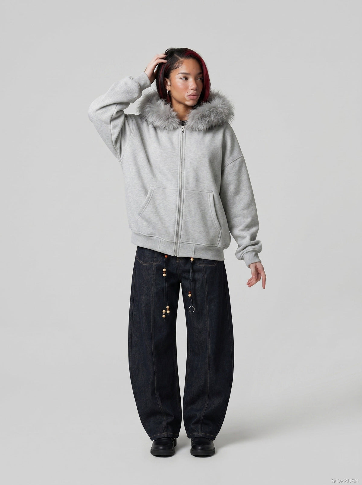 DAXUEN light grey oversized faux fur trim zip hoodie — model photo