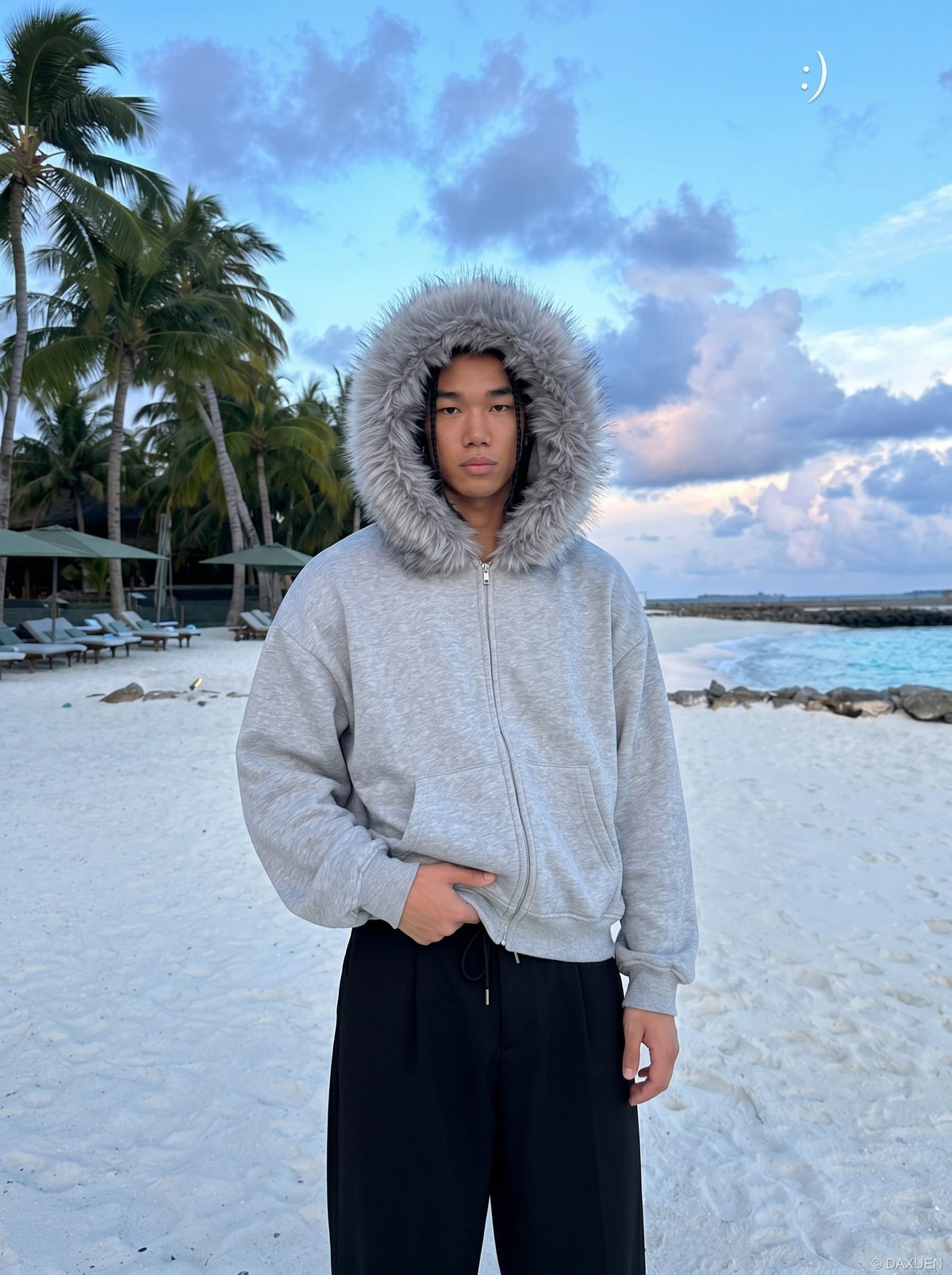 DAXUEN light grey oversized faux fur trim zip hoodie — model photo