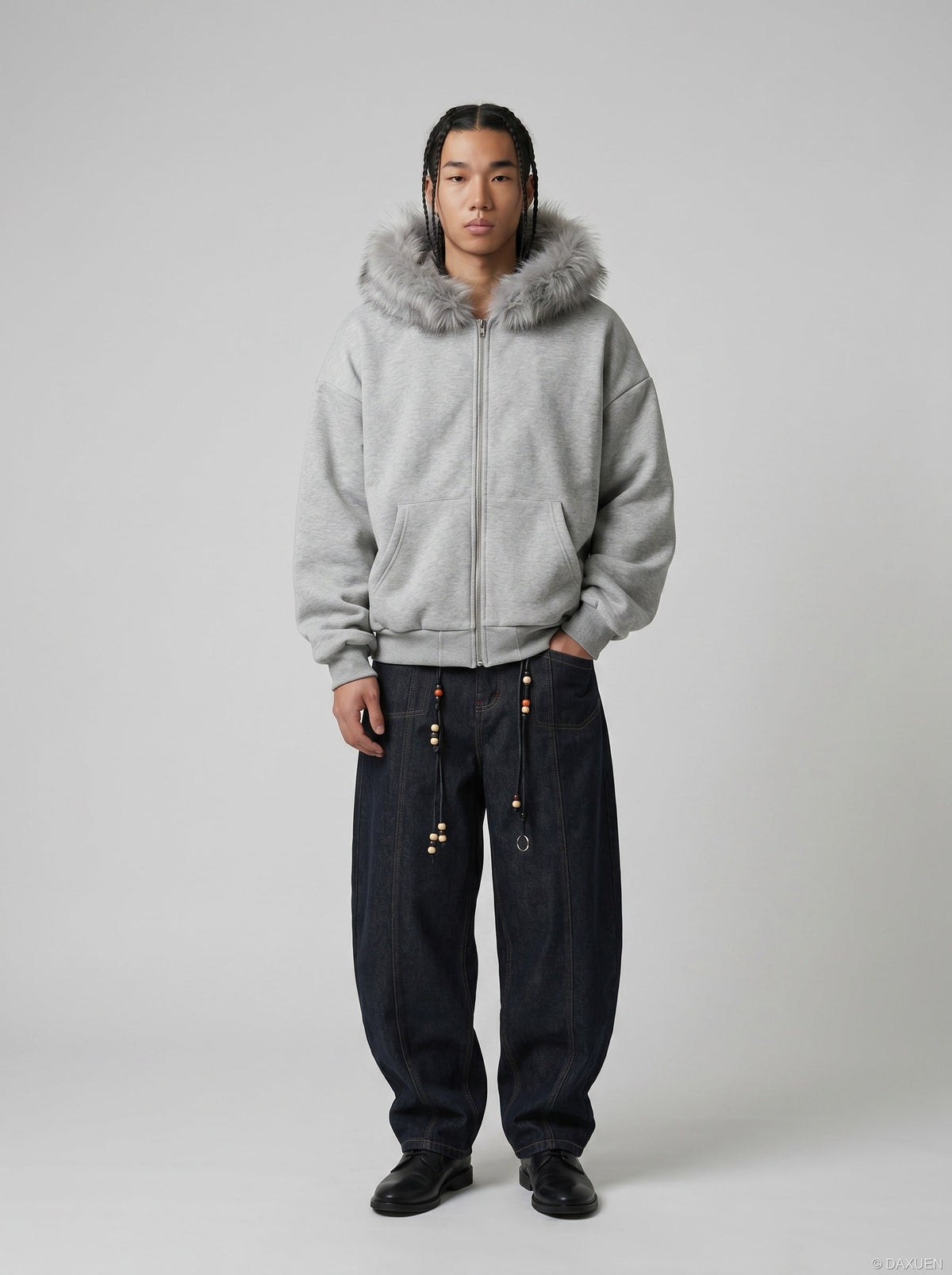 DAXUEN light grey oversized faux fur trim zip hoodie — model photo