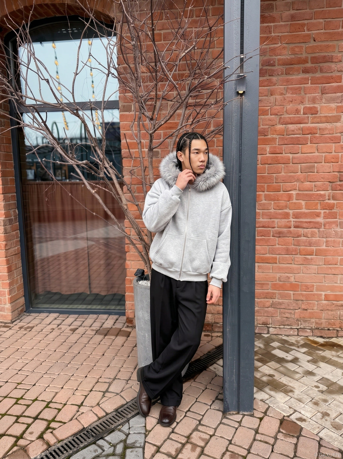 DAXUEN light grey oversized faux fur trim zip hoodie — model photo