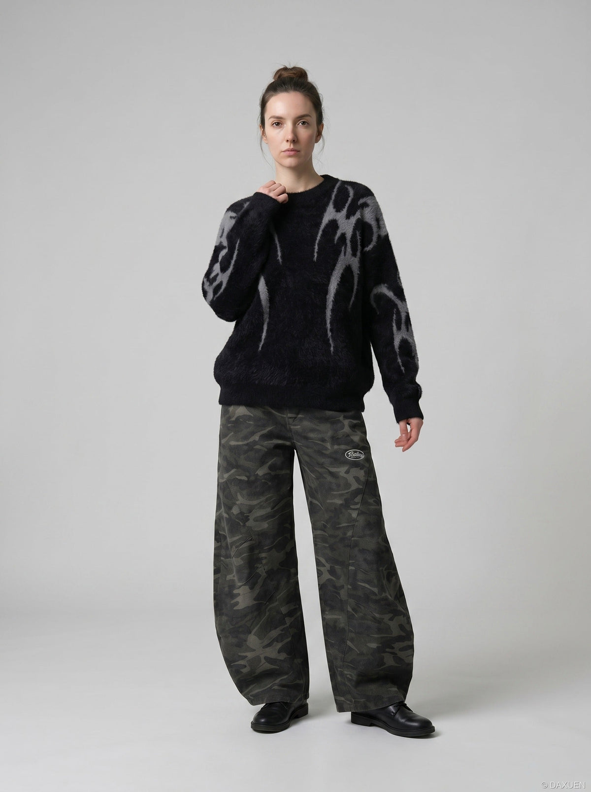 DAXUEN Faux mink texture crew neck sweater with abstract patterns — model photo