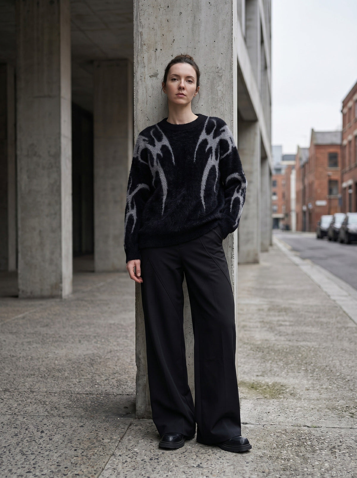 DAXUEN Faux mink texture crew neck sweater with abstract patterns — model photo