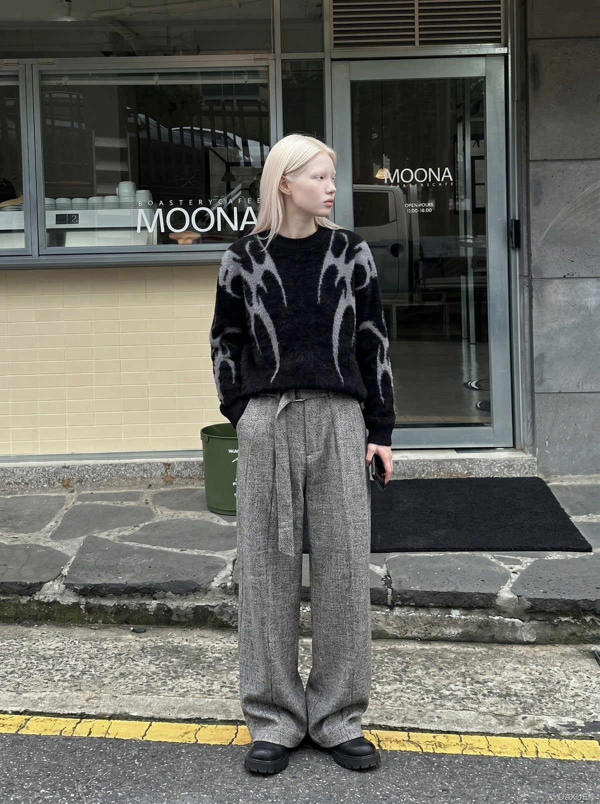 DAXUEN Faux mink texture crew neck sweater with abstract patterns — model photo