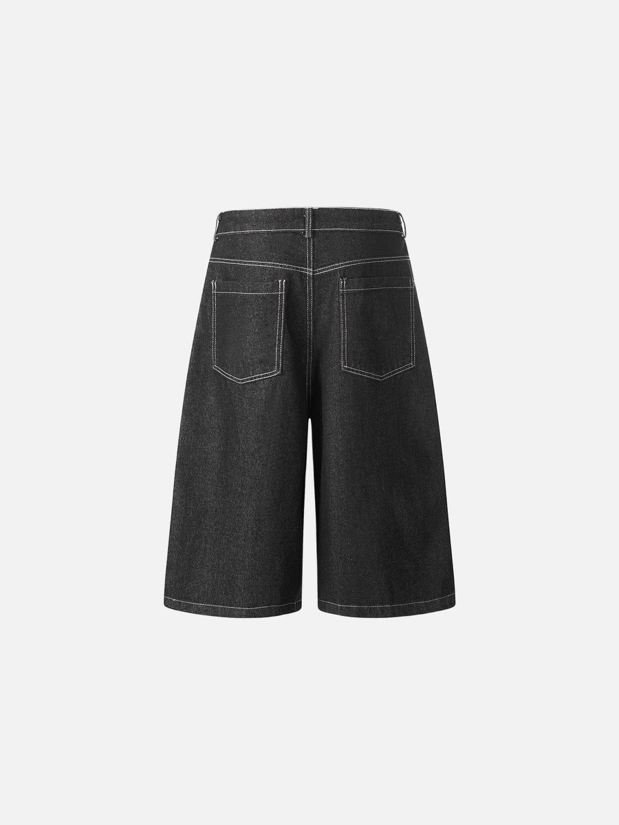 Dunkelgraue Wide-Leg-Shorts mit Flammen-Grafik