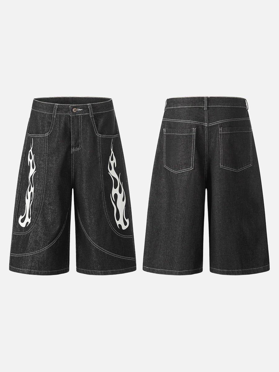 Dunkelgraue Wide-Leg-Shorts mit Flammen-Grafik