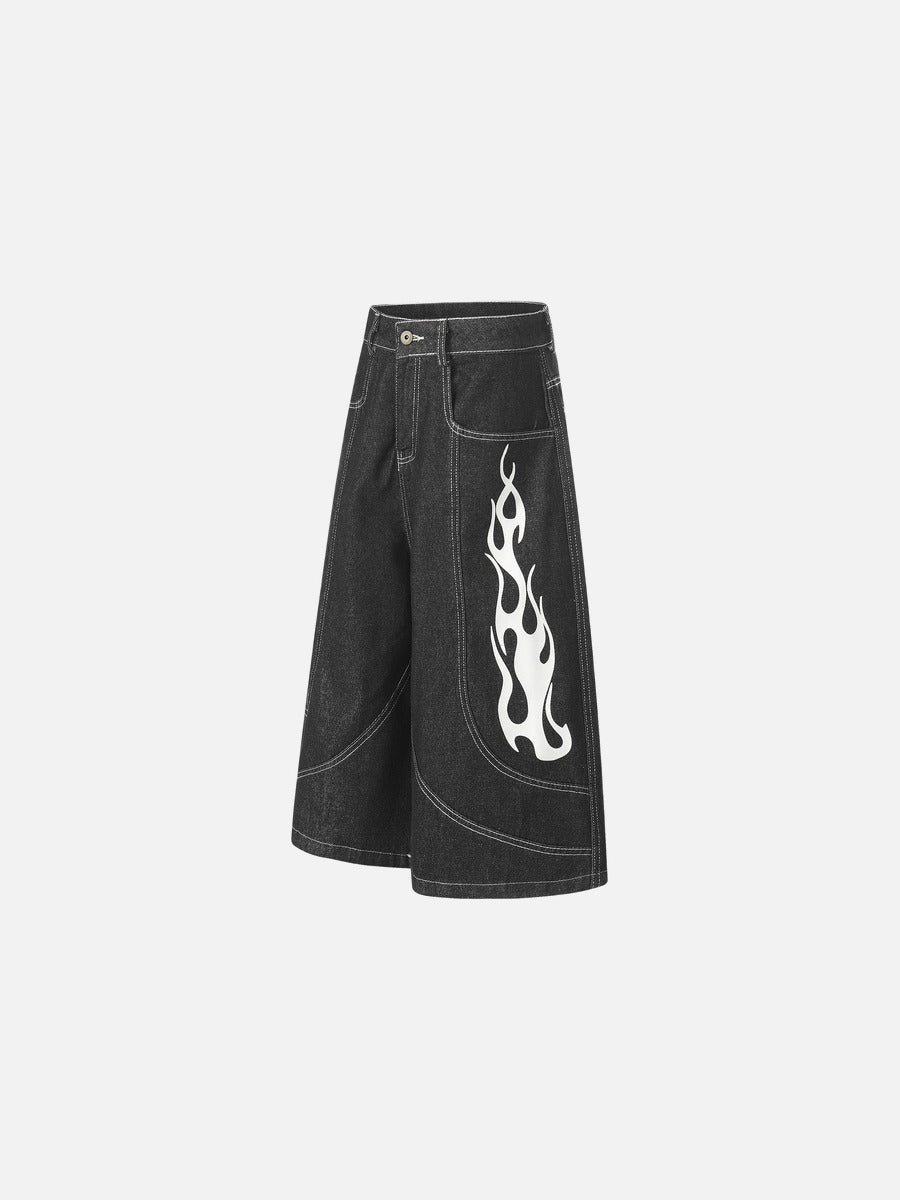 Dunkelgraue Wide-Leg-Shorts mit Flammen-Grafik
