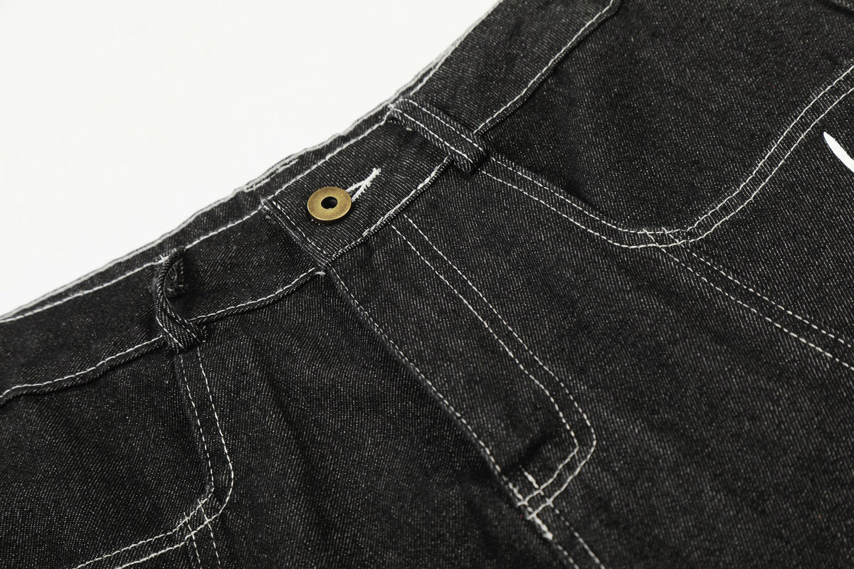 Dunkelgraue Wide-Leg-Shorts mit Flammen-Grafik
