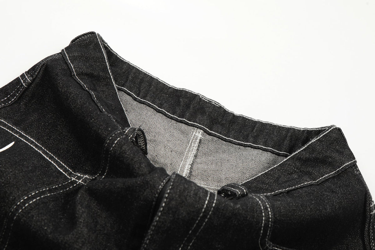 Dunkelgraue Wide-Leg-Shorts mit Flammen-Grafik