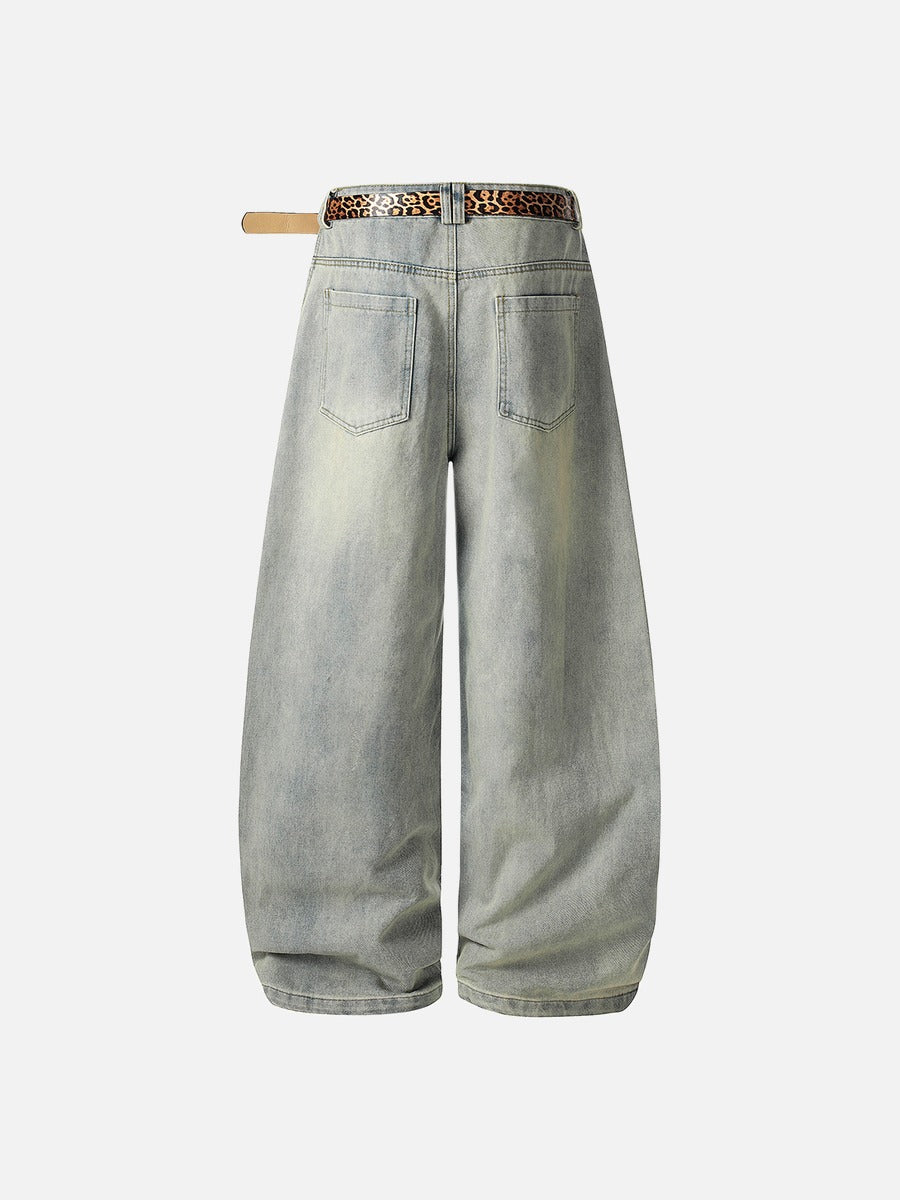 Geometric Distressed Light Blue Wide-Leg Jeans