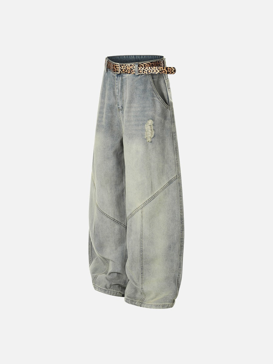 Geometric Distressed Light Blue Wide-Leg Jeans