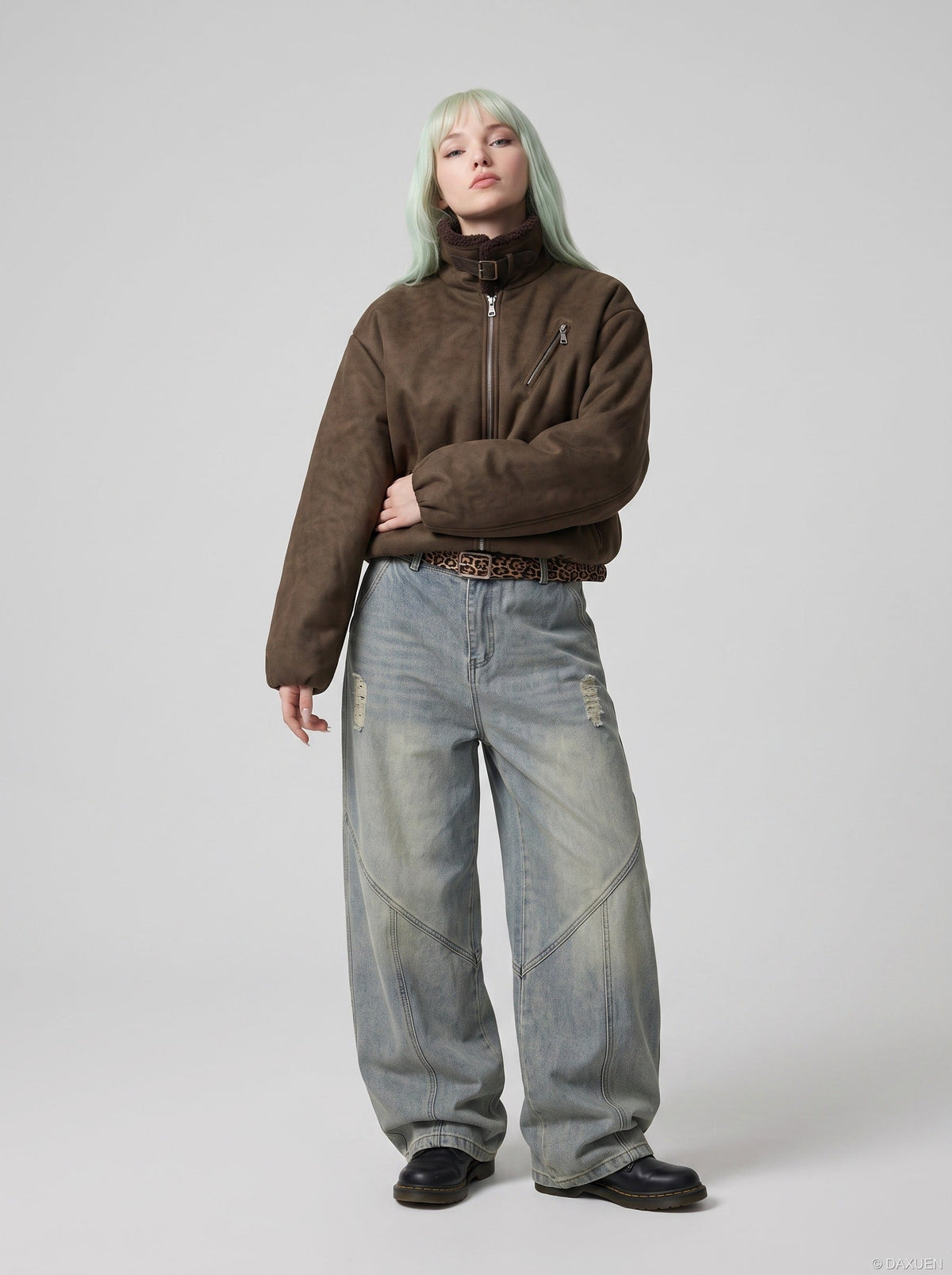 Geometric Distressed Light Blue Wide-Leg Jeans