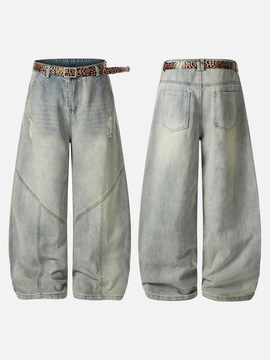 Geometric Distressed Light Blue Wide-Leg Jeans