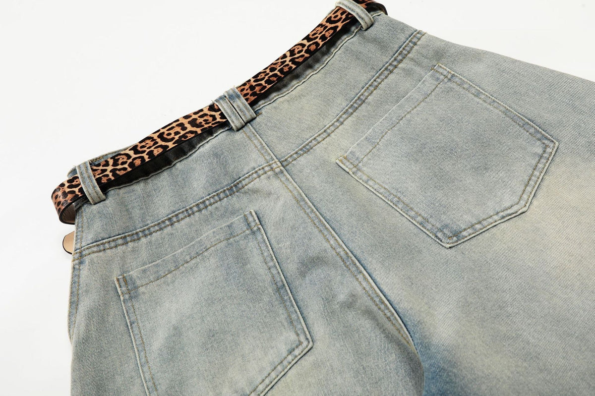 Geometric Distressed Light Blue Wide-Leg Jeans
