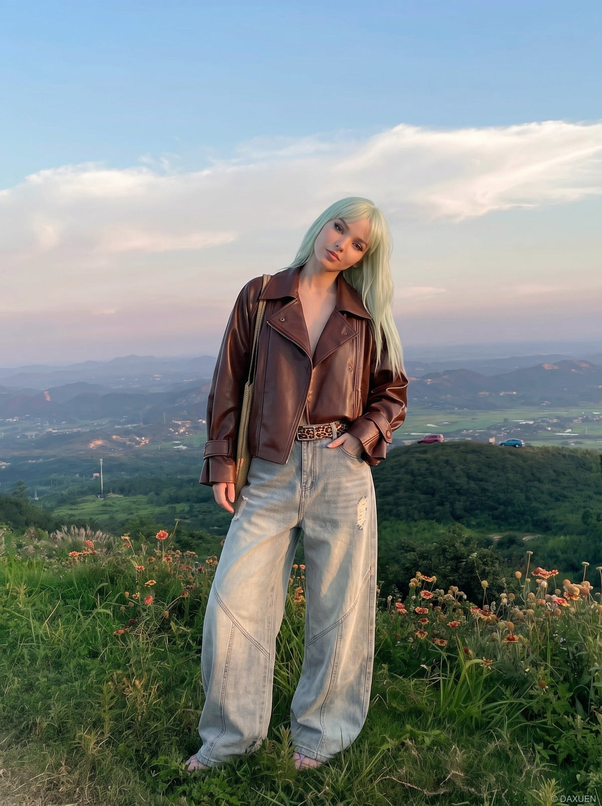 Geometric Distressed Light Blue Wide-Leg Jeans
