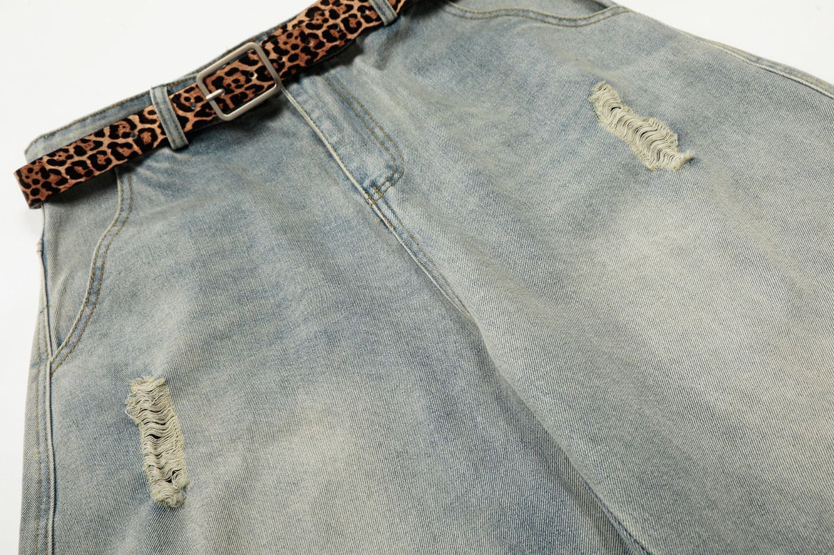 Geometric Distressed Light Blue Wide-Leg Jeans