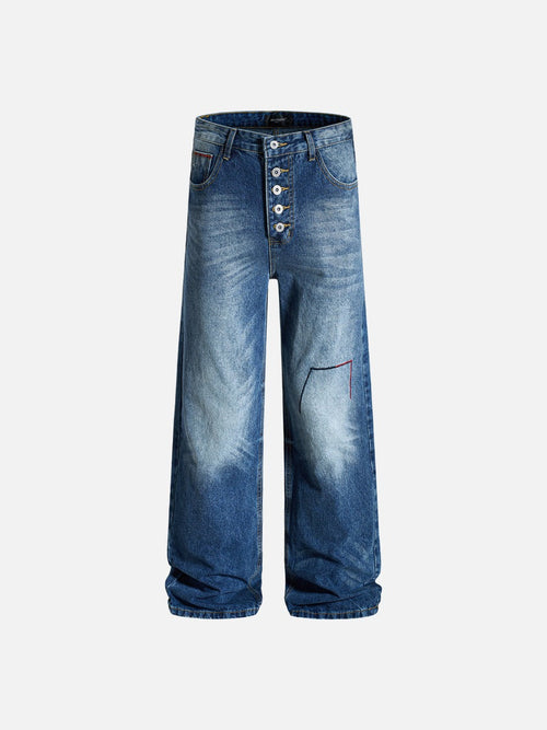 Geometric Embroidery Wide-Leg Jeans - Dark Blue / S