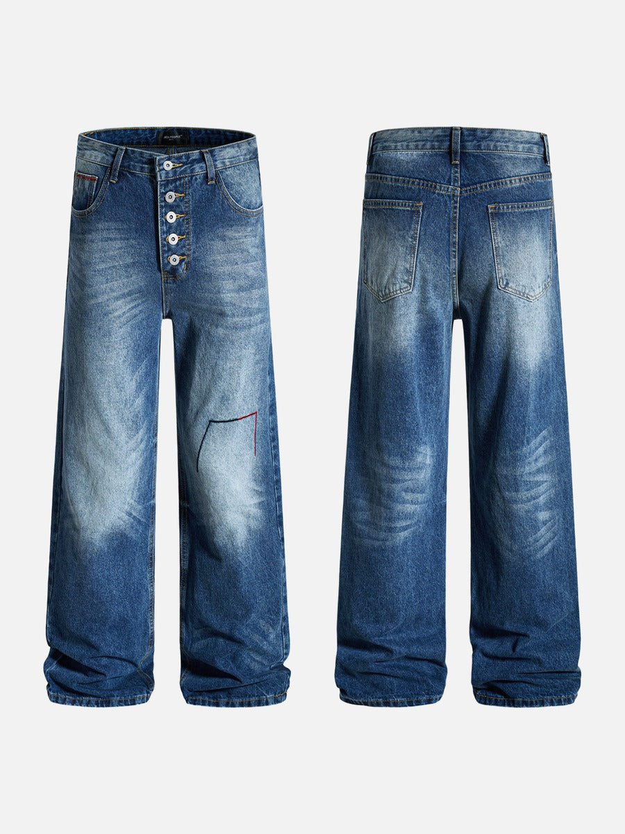 Geometric Embroidery Wide-Leg Jeans