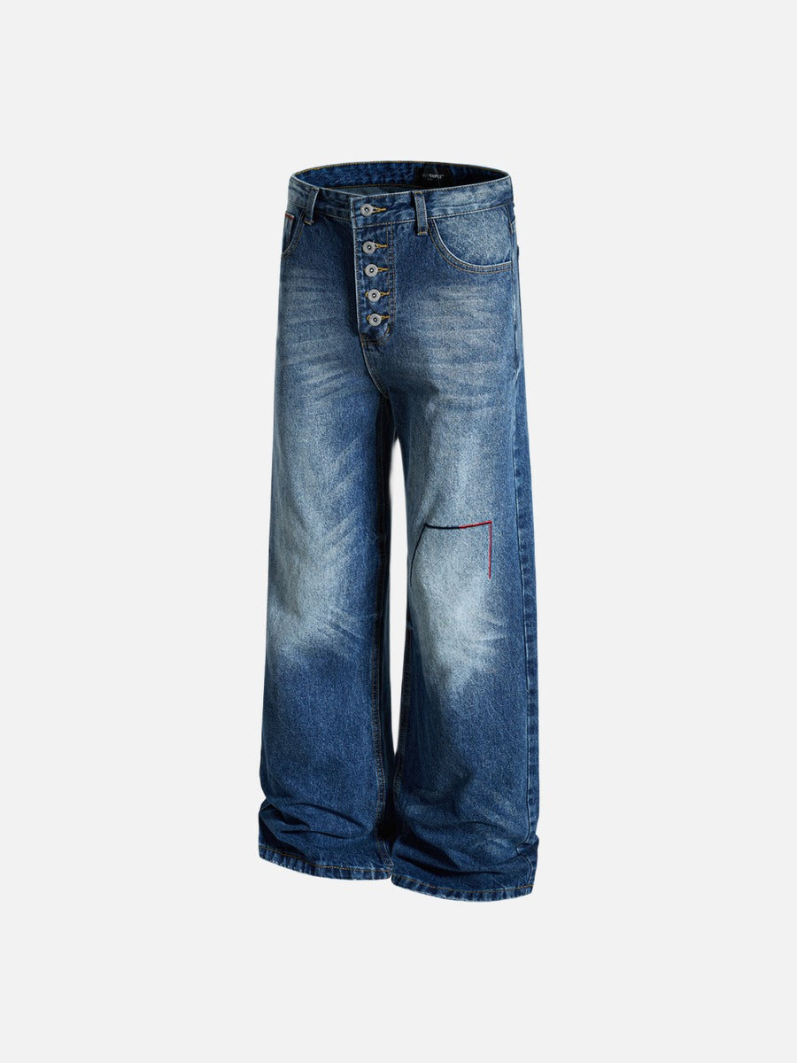 Geometric Embroidery Wide-Leg Jeans
