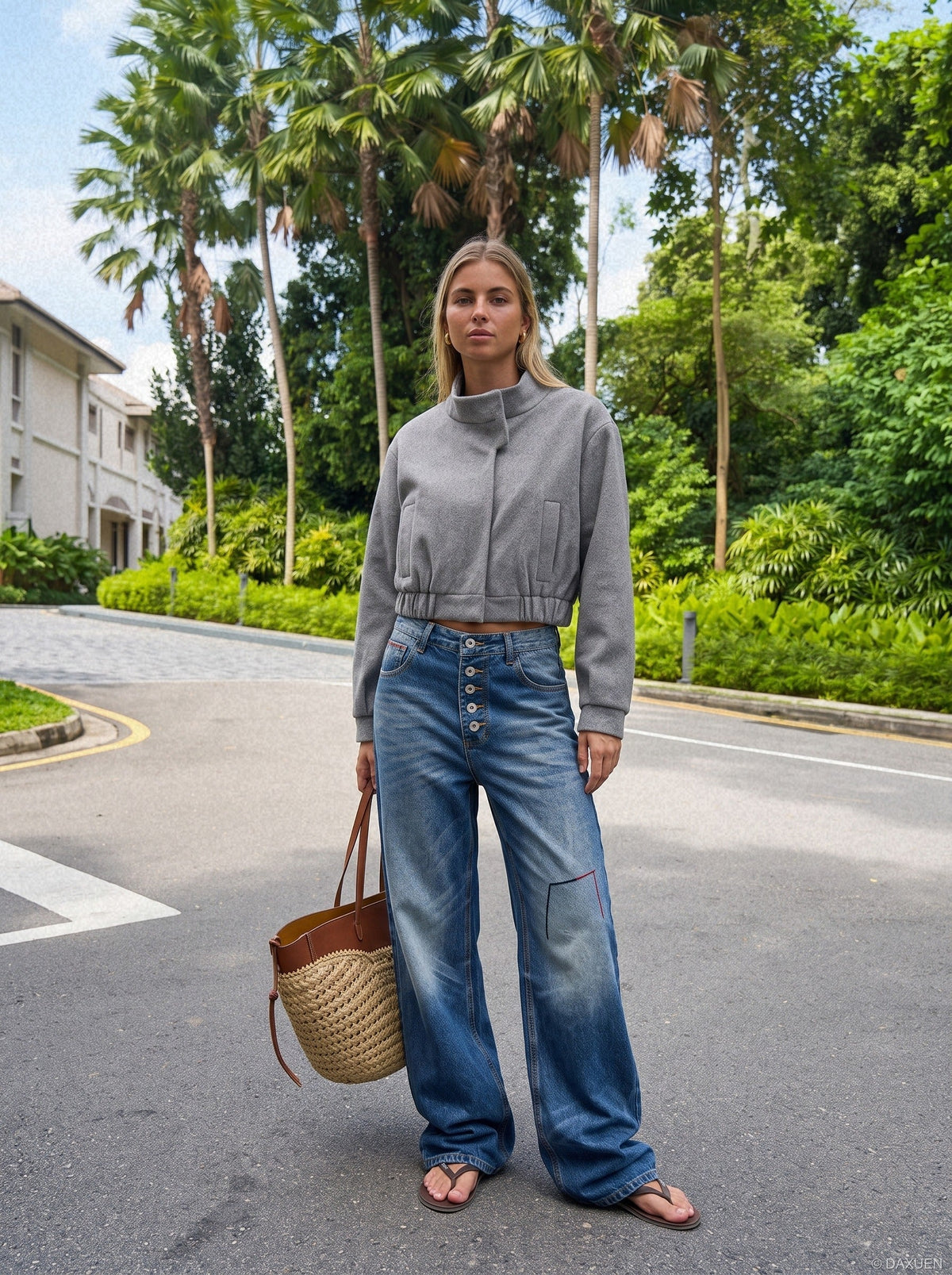 Geometric Embroidery Wide-Leg Jeans