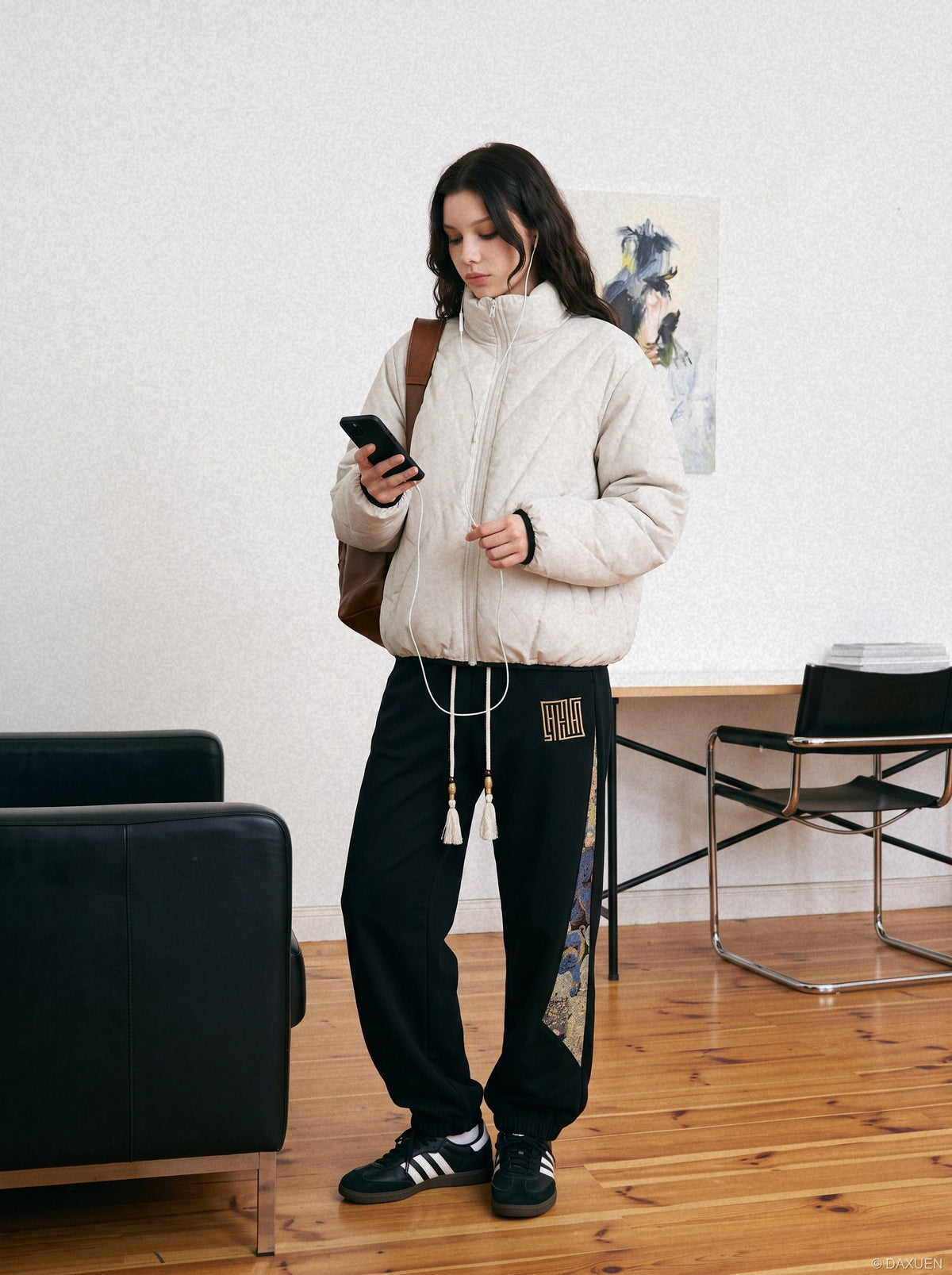 Geometric Quilted Dark Grey Puffer Jacket