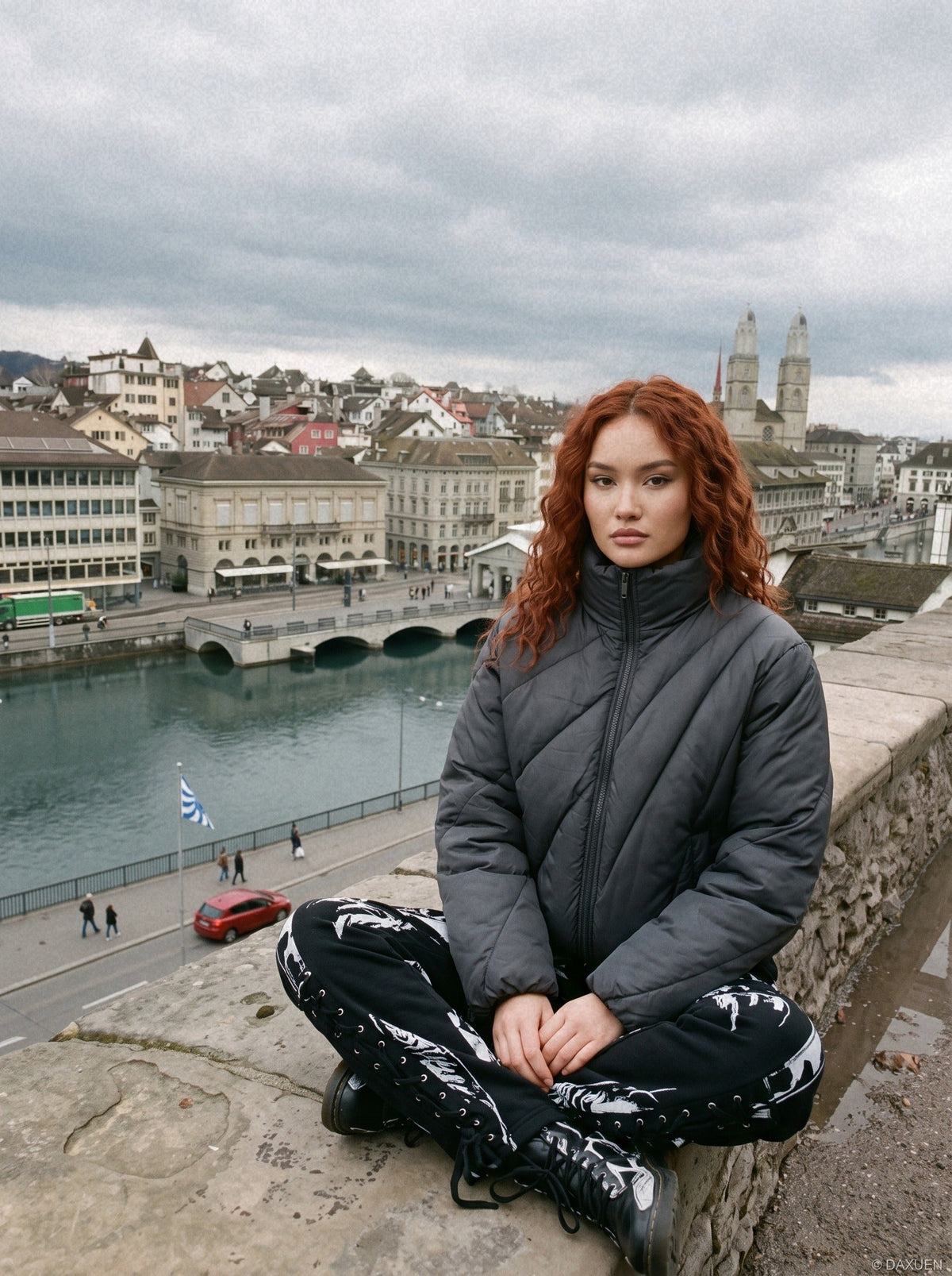 Geometric Quilted Dark Grey Puffer Jacket