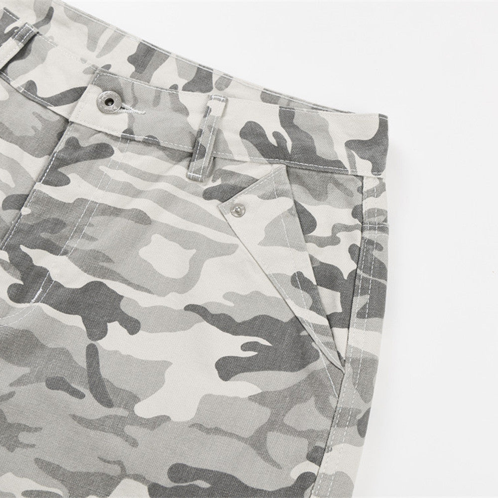 Grey Camouflage Wide-Leg Cargo Pants