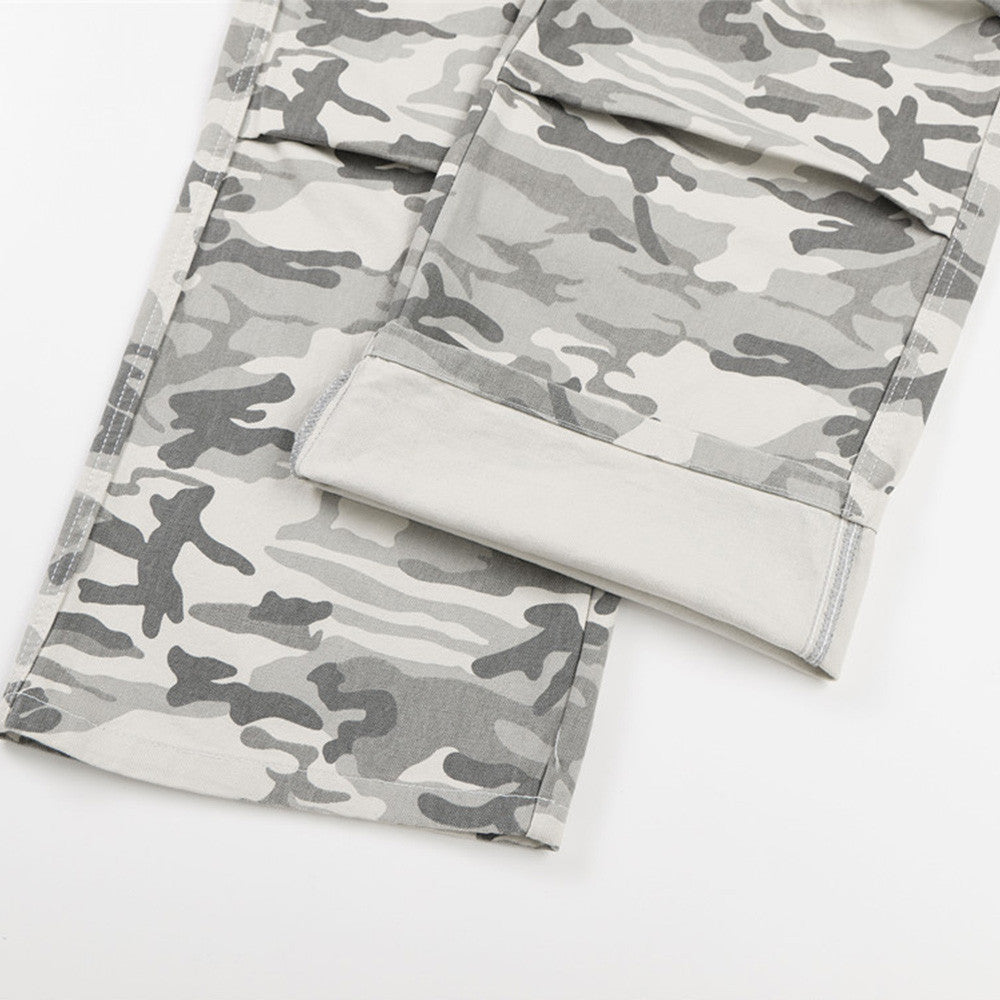 Grey Camouflage Wide-Leg Cargo Pants