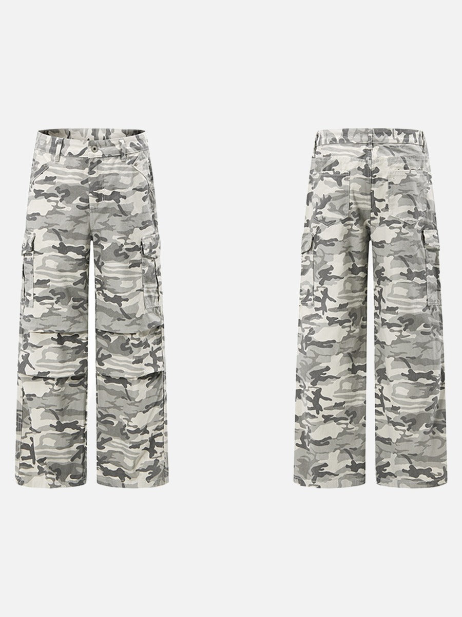 Grey Camouflage Wide-Leg Cargo Pants