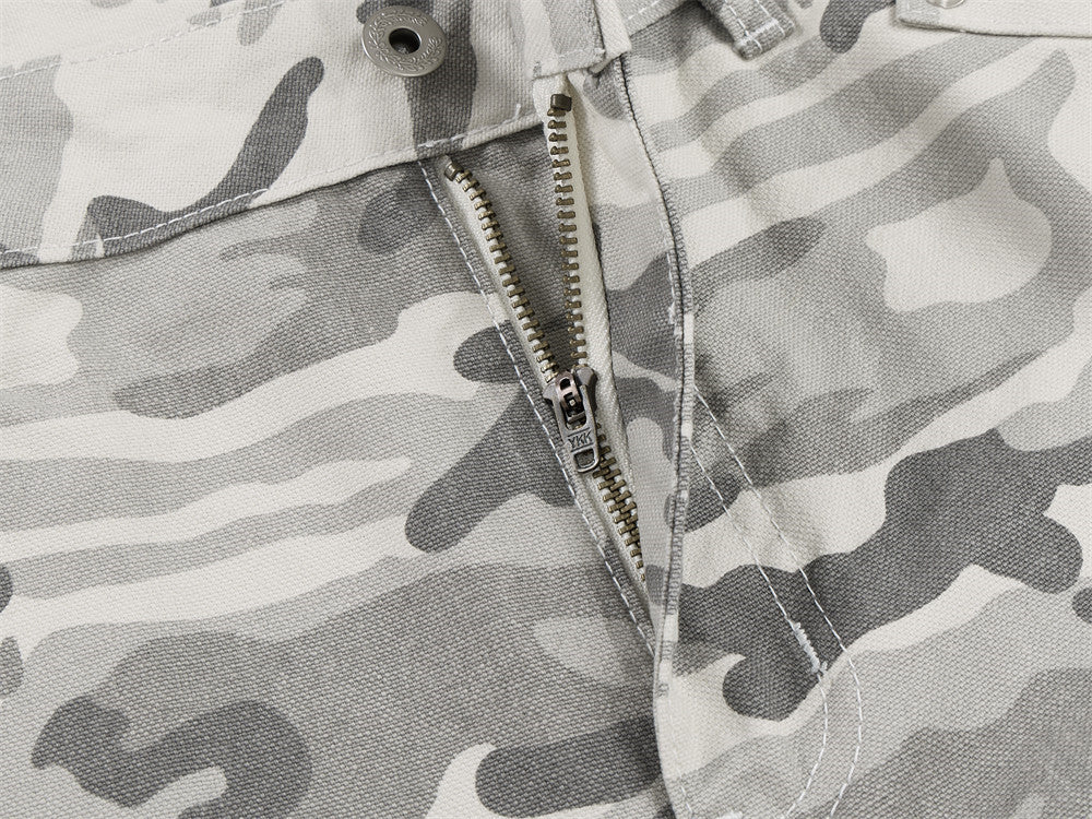 Grey Camouflage Wide-Leg Cargo Pants