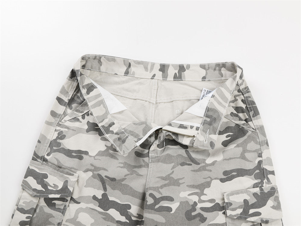 Grey Camouflage Wide-Leg Cargo Pants